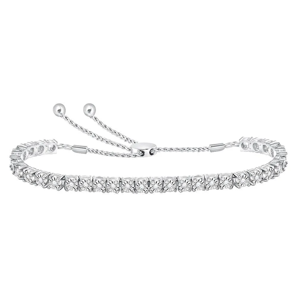 10K White Gold Womens Round Diamond Studded Bolo Bracelet 1/2 Cttw