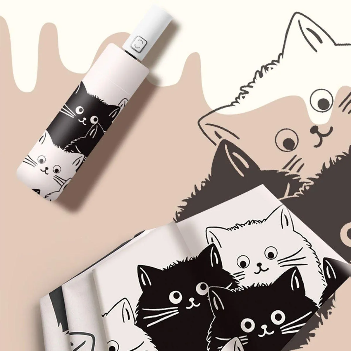 1PC Cartoon Black White Cat Automatic Folding Sun Umbrella Anti-UV For Unisex