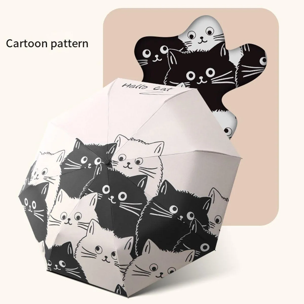 1PC Cartoon Black White Cat Automatic Folding Sun Umbrella Anti-UV For Unisex