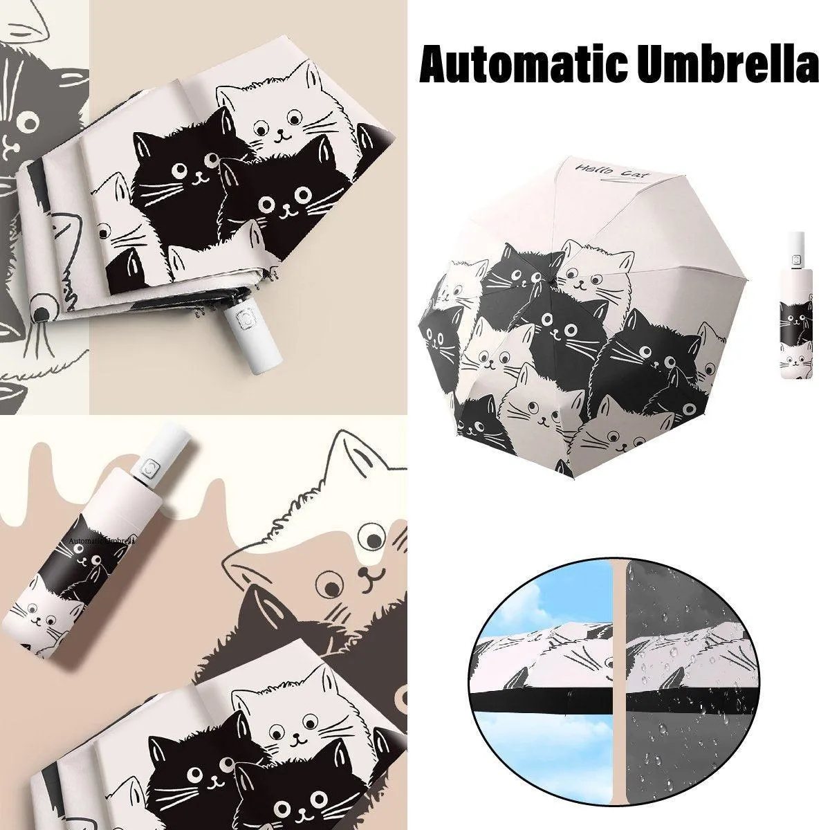 1PC Cartoon Black White Cat Automatic Folding Sun Umbrella Anti-UV For Unisex