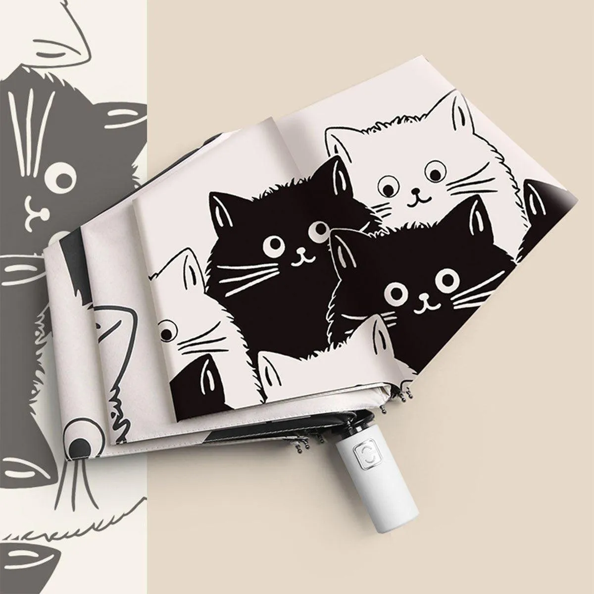 1PC Cartoon Black White Cat Automatic Folding Sun Umbrella Anti-UV For Unisex