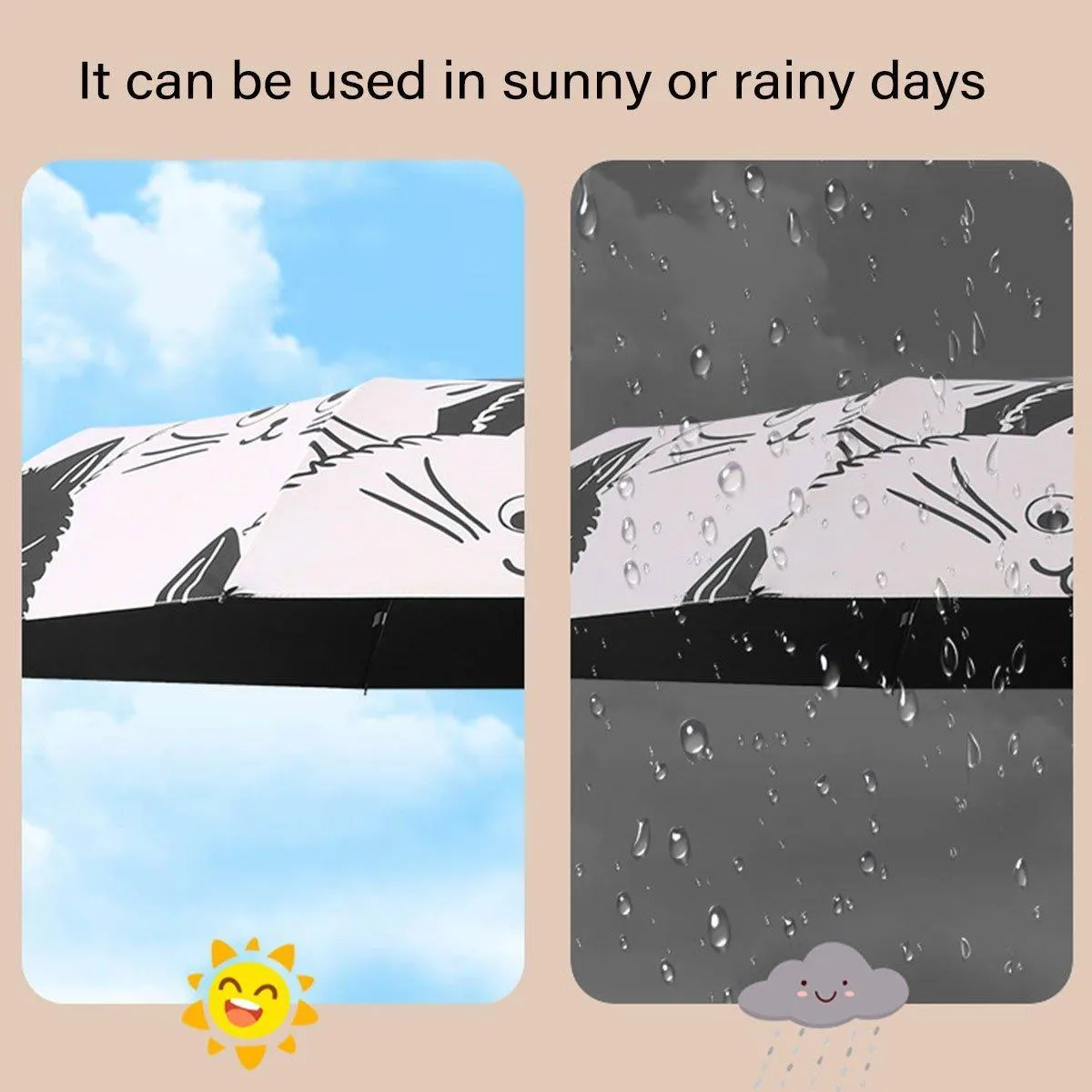 1PC Cartoon Black White Cat Automatic Folding Sun Umbrella Anti-UV For Unisex