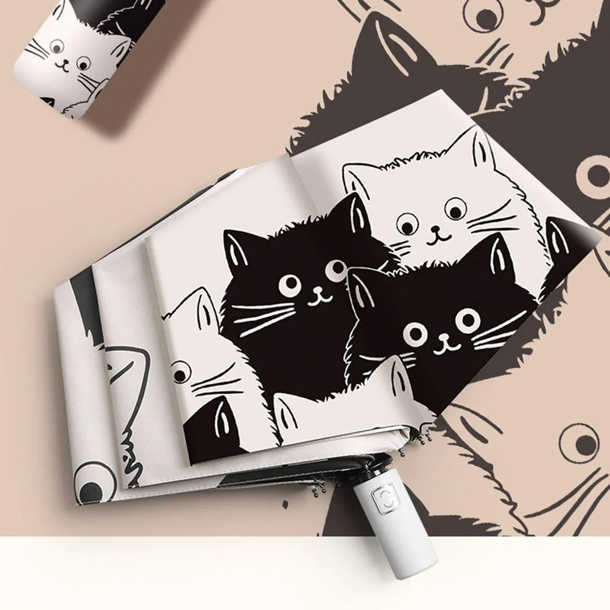 1PC Cartoon Black White Cat Automatic Folding Sun Umbrella Anti-UV For Unisex
