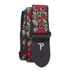 2″ RED/GOLD ROSES ON BLACK JACQUARD GUITAR STRAP