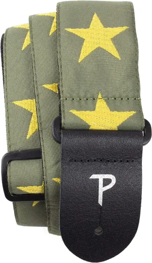 2” STARS GOLD/GREEN DESIGN JACQUARD GUITAR STRAP WITH LEATHER ENDS