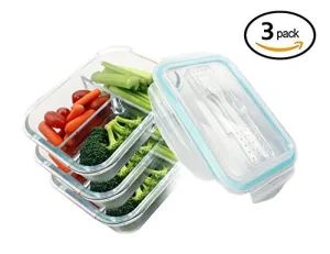 (3 Pack) Glass Food Storage Containers with Lids 3 Compartment Divider and Cutlery Set- Lunch Containers Portion. Airtight and Watertight - BPA Free, Oven, Dishwasher, Microwave, Freezer Safe - 32Oz
