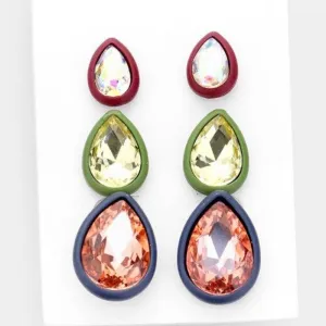 3Pairs - Teardrop Glass Crystal Resin Trim Stud Earrings