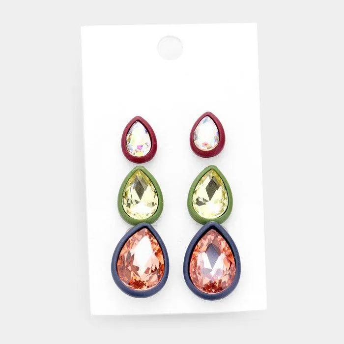 3Pairs - Teardrop Glass Crystal Resin Trim Stud Earrings