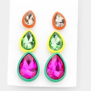 3Pairs - Teardrop Glass Crystal Resin Trim Stud Earrings