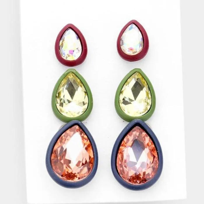 3Pairs - Teardrop Glass Crystal Resin Trim Stud Earrings