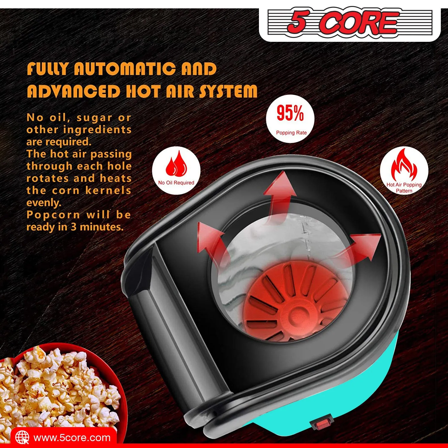 5 Core Hot Air Popcorn Popper Machine 1200W Electric Popcorn Kernel Corn Maker Bpa Free, 95% Popping Rate, 2 Minutes Fast, No Oil-Healthy Snack for Kids Adults, Home, Party, Gift POP
