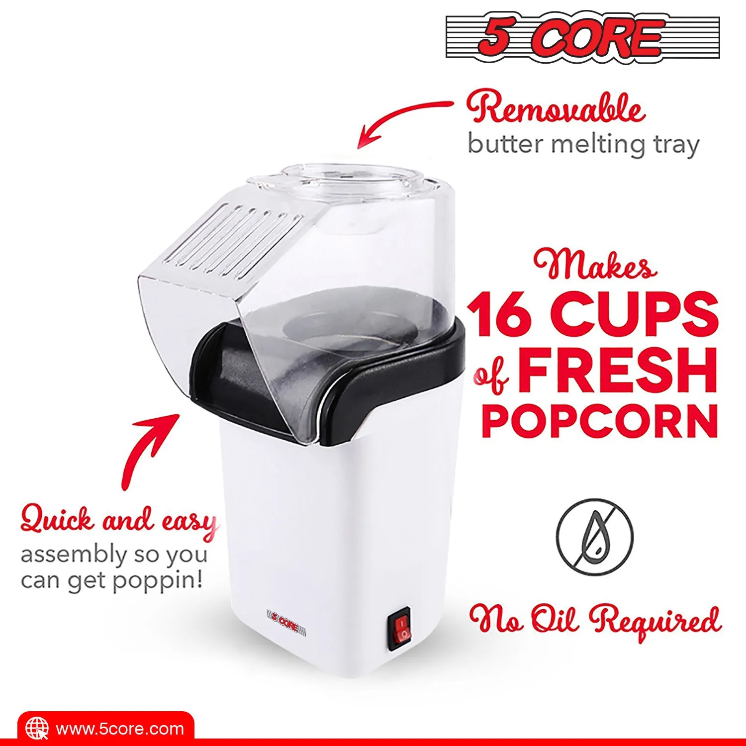 5 Core Hot Air Popcorn Popper Machine 1200W Electric Popcorn Kernel Corn Maker Bpa Free, 95% Popping Rate, 2 Minutes Fast, No Oil-Healthy Snack for Kids Adults, Home, Party, Gift POP