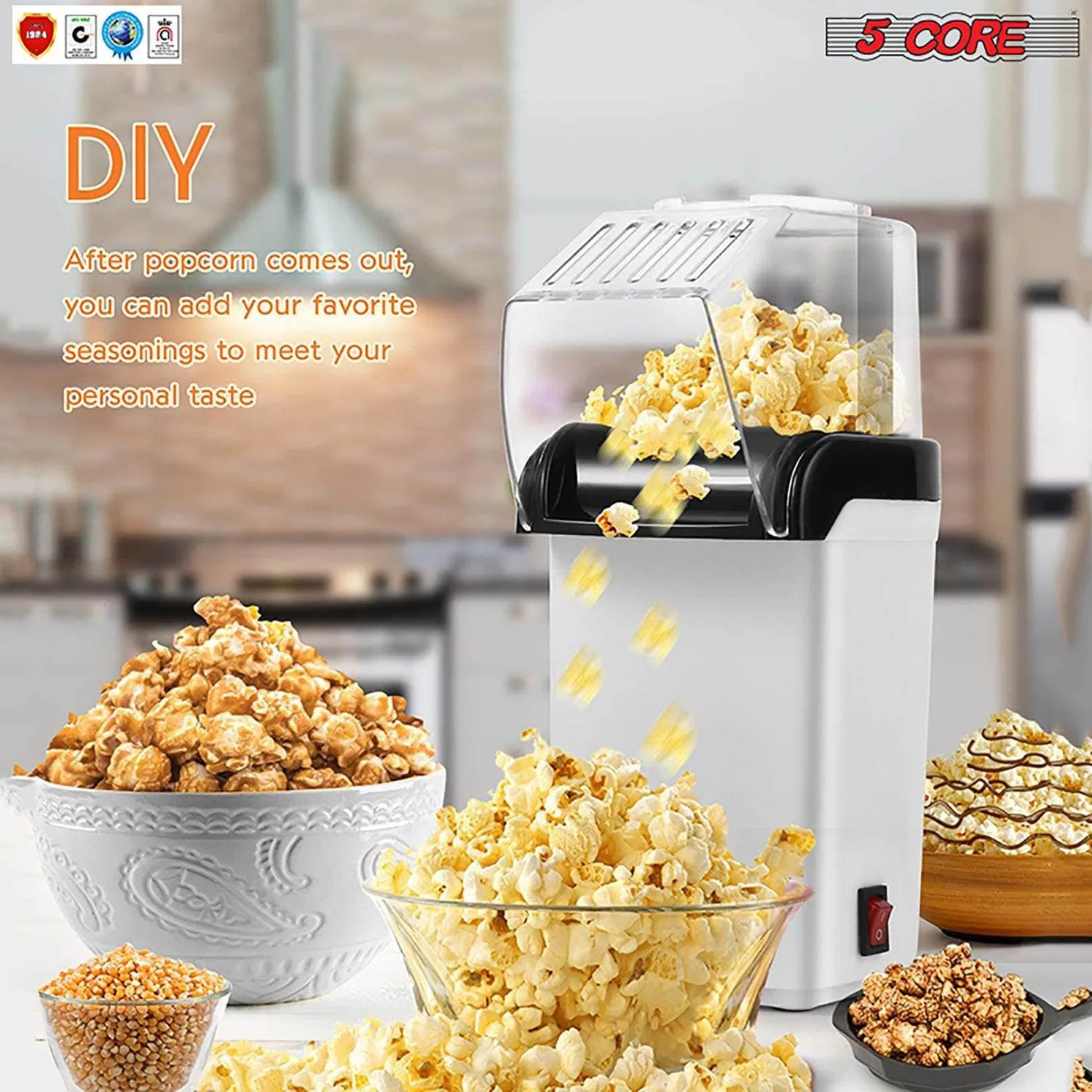 5 Core Hot Air Popcorn Popper Machine 1200W Electric Popcorn Kernel Corn Maker Bpa Free, 95% Popping Rate, 2 Minutes Fast, No Oil-Healthy Snack for Kids Adults, Home, Party, Gift POP