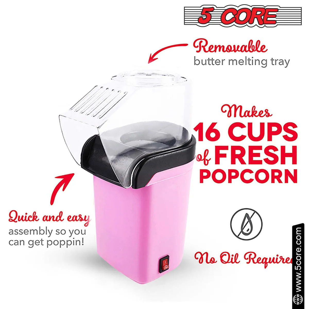 5 Core Hot Air Popcorn Popper Machine 1200W Electric Popcorn Kernel Corn Maker Bpa Free, 95% Popping Rate, 2 Minutes Fast, No Oil-Healthy Snack for Kids Adults, Home, Party, Gift POP