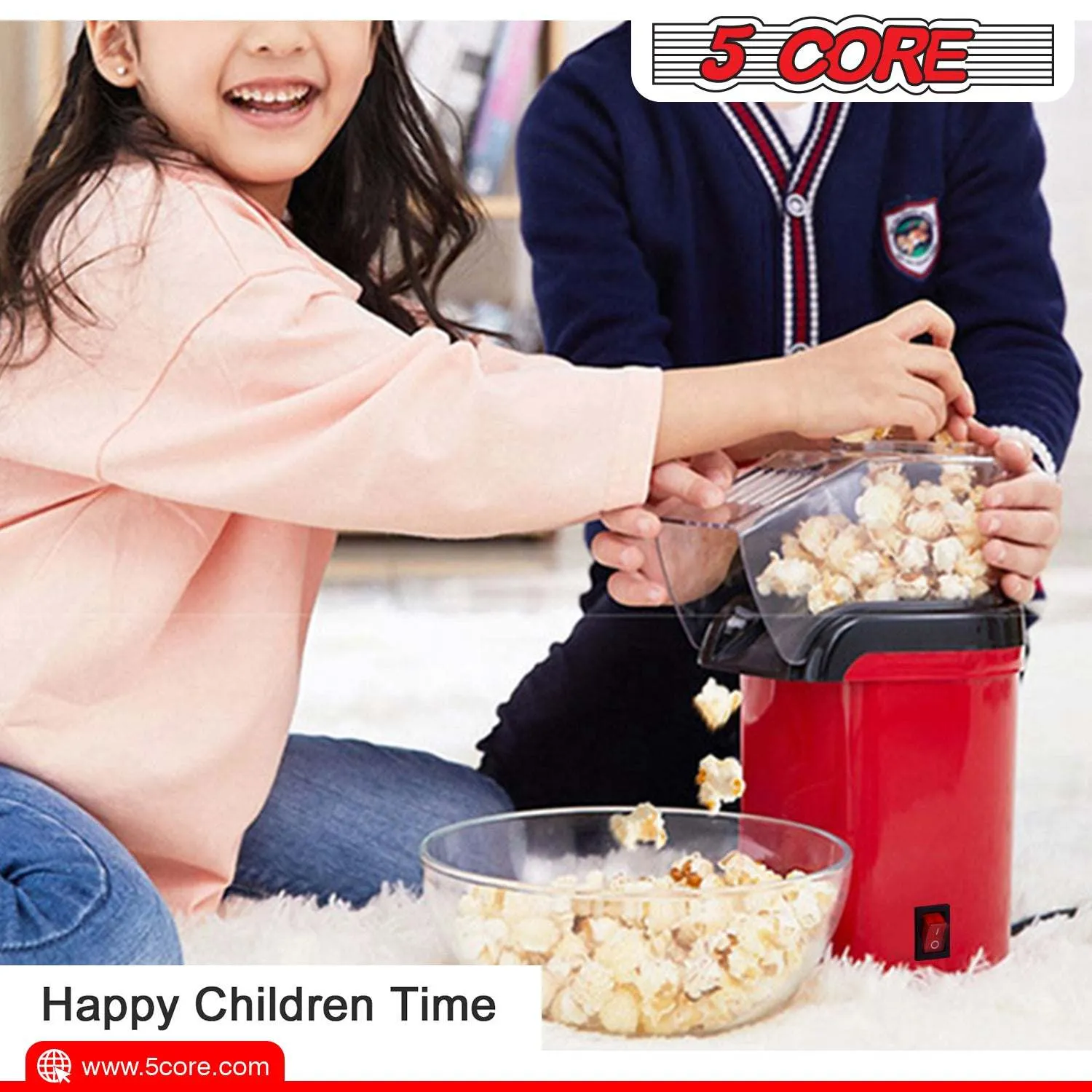 5 Core Hot Air Popcorn Popper Machine 1200W Electric Popcorn Kernel Corn Maker Bpa Free, 95% Popping Rate, 2 Minutes Fast, No Oil-Healthy Snack for Kids Adults, Home, Party, Gift POP