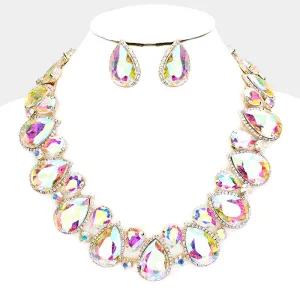 AB Crystal Rhinestone Trim Teardrop Pageant Necklace on Gold | Evening Necklace  | 409121