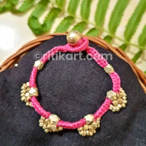 Ancient Tribal Brass Beads Embedded Bracelet with Pink Thread(Size-Small)