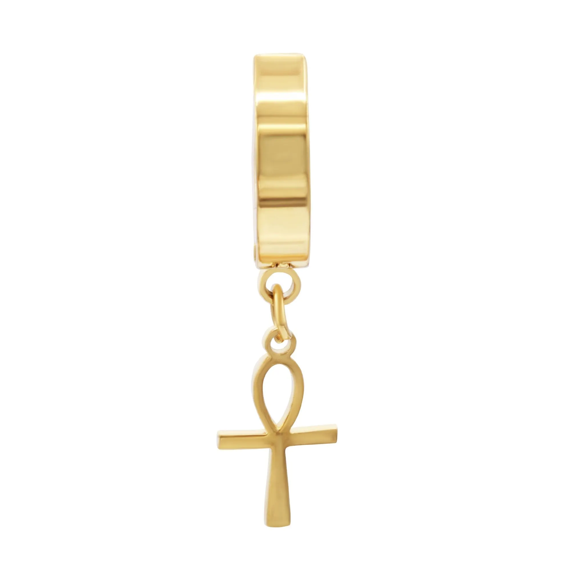 Ankh Cross Pendant Huggie Hoops 14K Gold Plated Silver Black Earrings