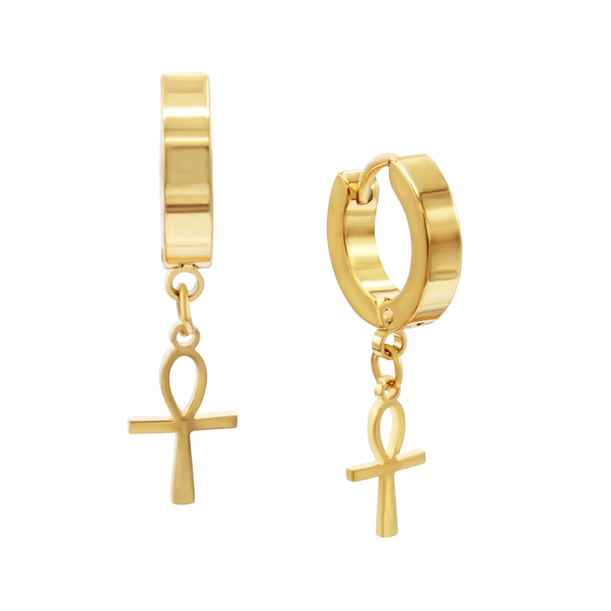 Ankh Cross Pendant Huggie Hoops 14K Gold Plated Silver Black Earrings