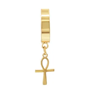 Ankh Cross Pendant Huggie Hoops 14K Gold Plated Silver Black Earrings