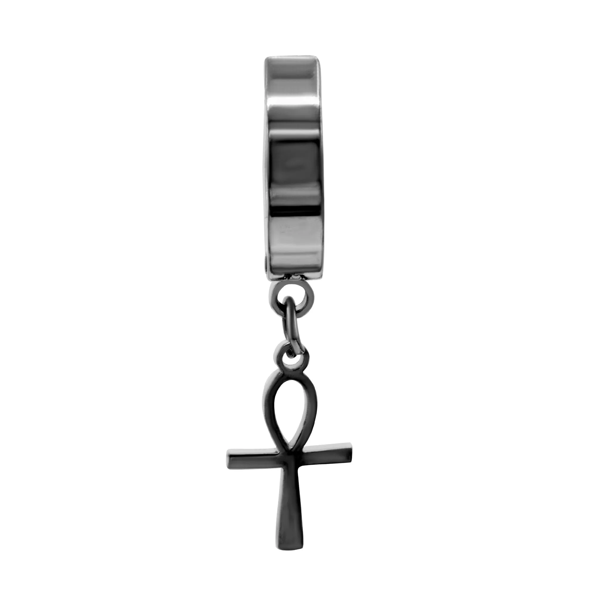 Ankh Cross Pendant Huggie Hoops 14K Gold Plated Silver Black Earrings