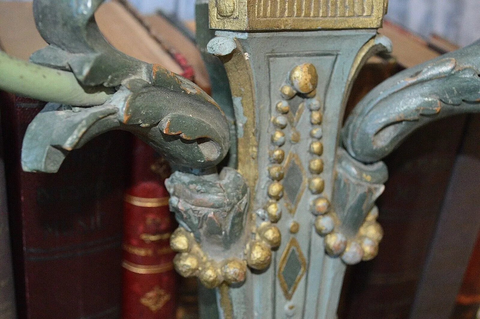 Antique French Empire Flame Gilded Wood Wall Sconce Light Fixture Turquoise
