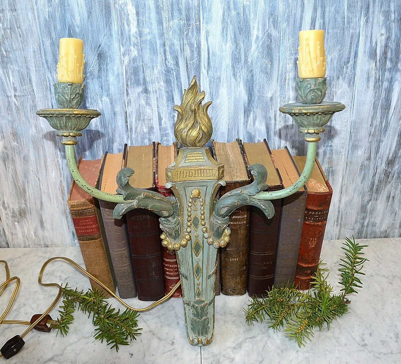 Antique French Empire Flame Gilded Wood Wall Sconce Light Fixture Turquoise