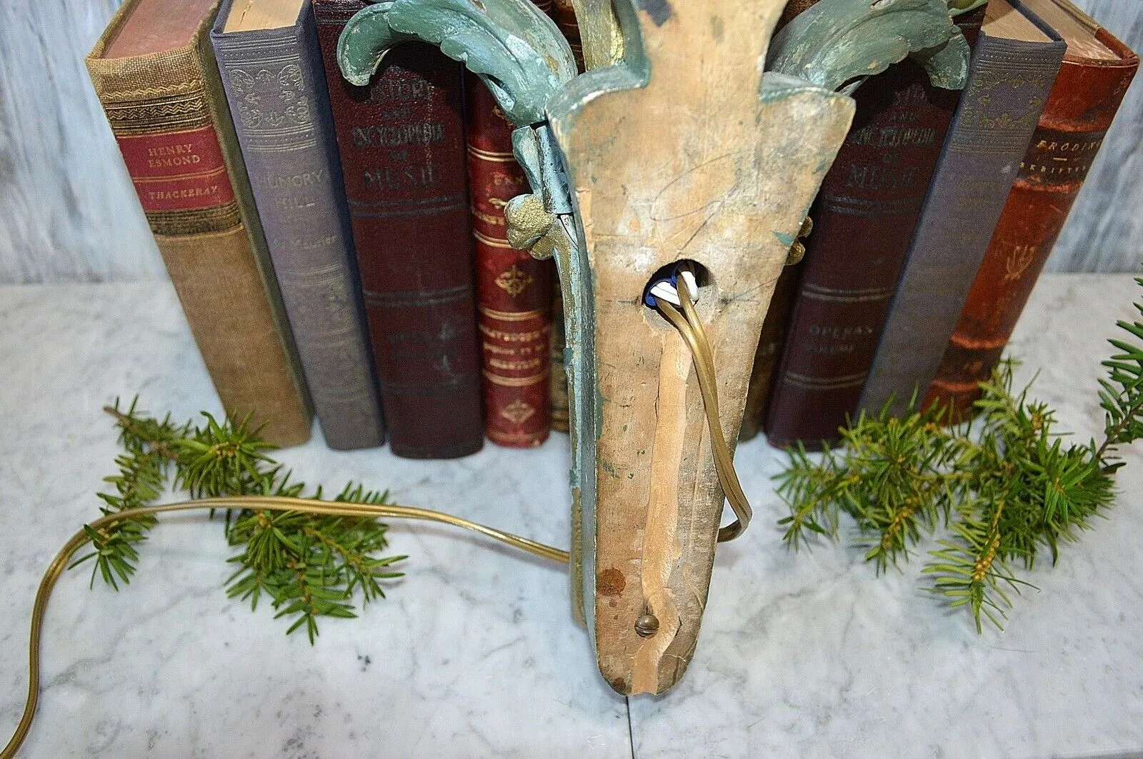 Antique French Empire Flame Gilded Wood Wall Sconce Light Fixture Turquoise