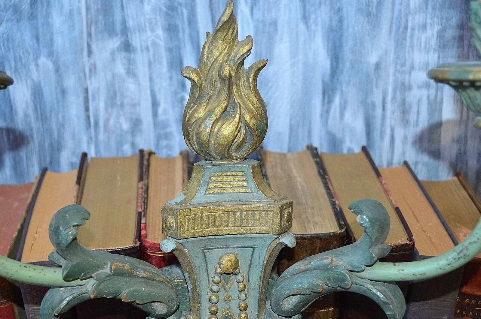 Antique French Empire Flame Gilded Wood Wall Sconce Light Fixture Turquoise