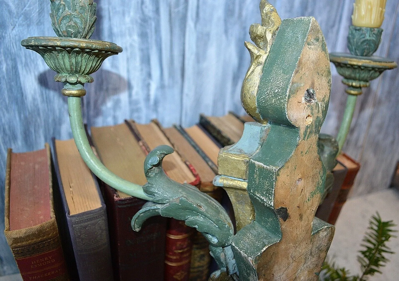 Antique French Empire Flame Gilded Wood Wall Sconce Light Fixture Turquoise
