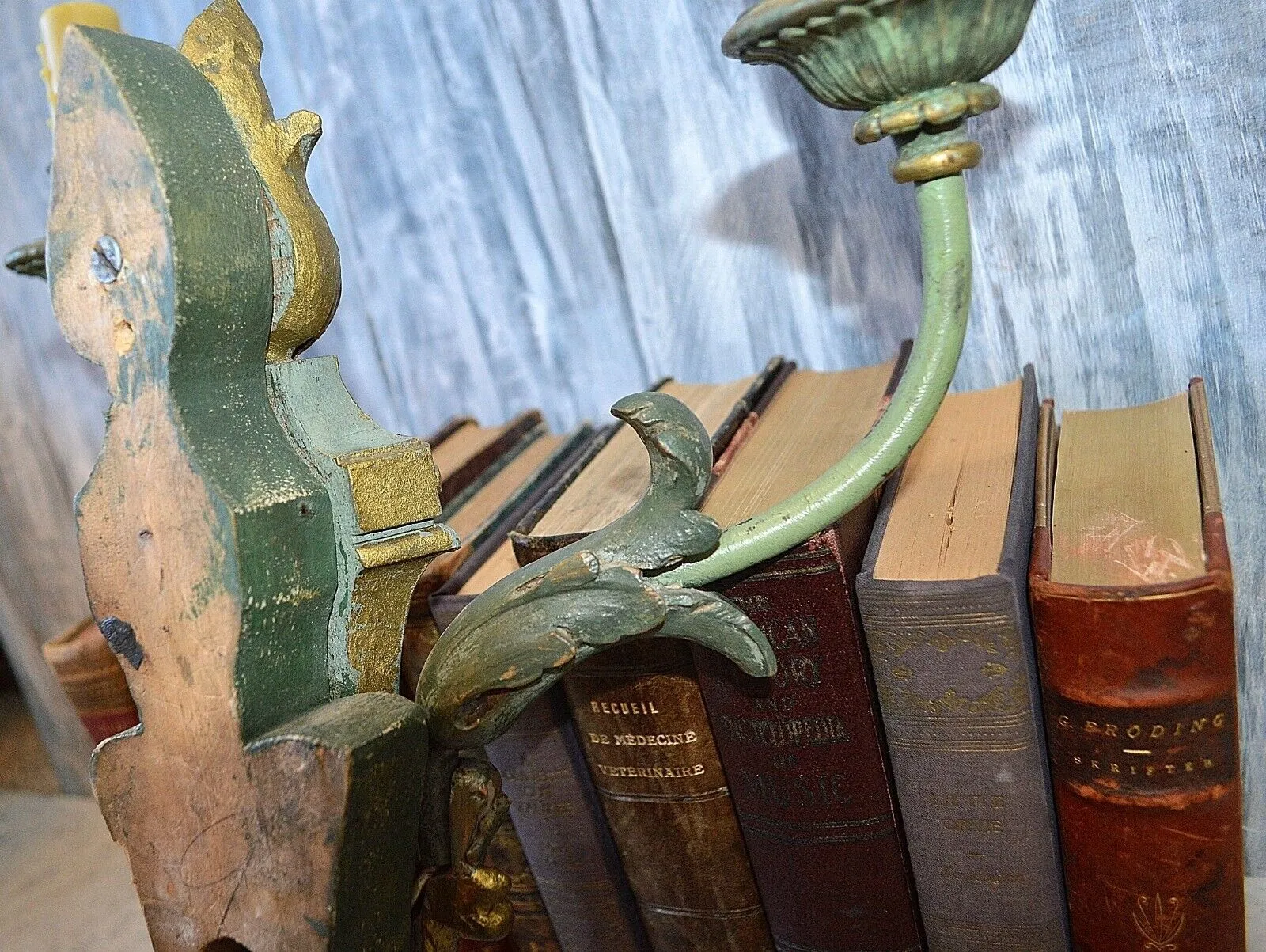 Antique French Empire Flame Gilded Wood Wall Sconce Light Fixture Turquoise