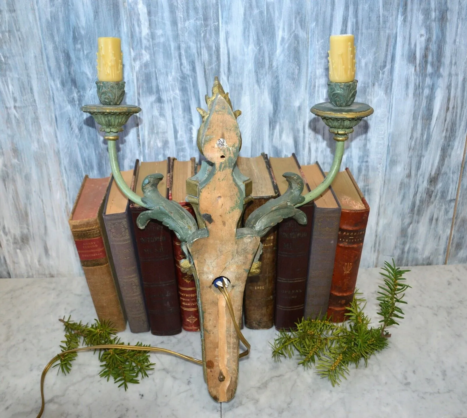 Antique French Empire Flame Gilded Wood Wall Sconce Light Fixture Turquoise