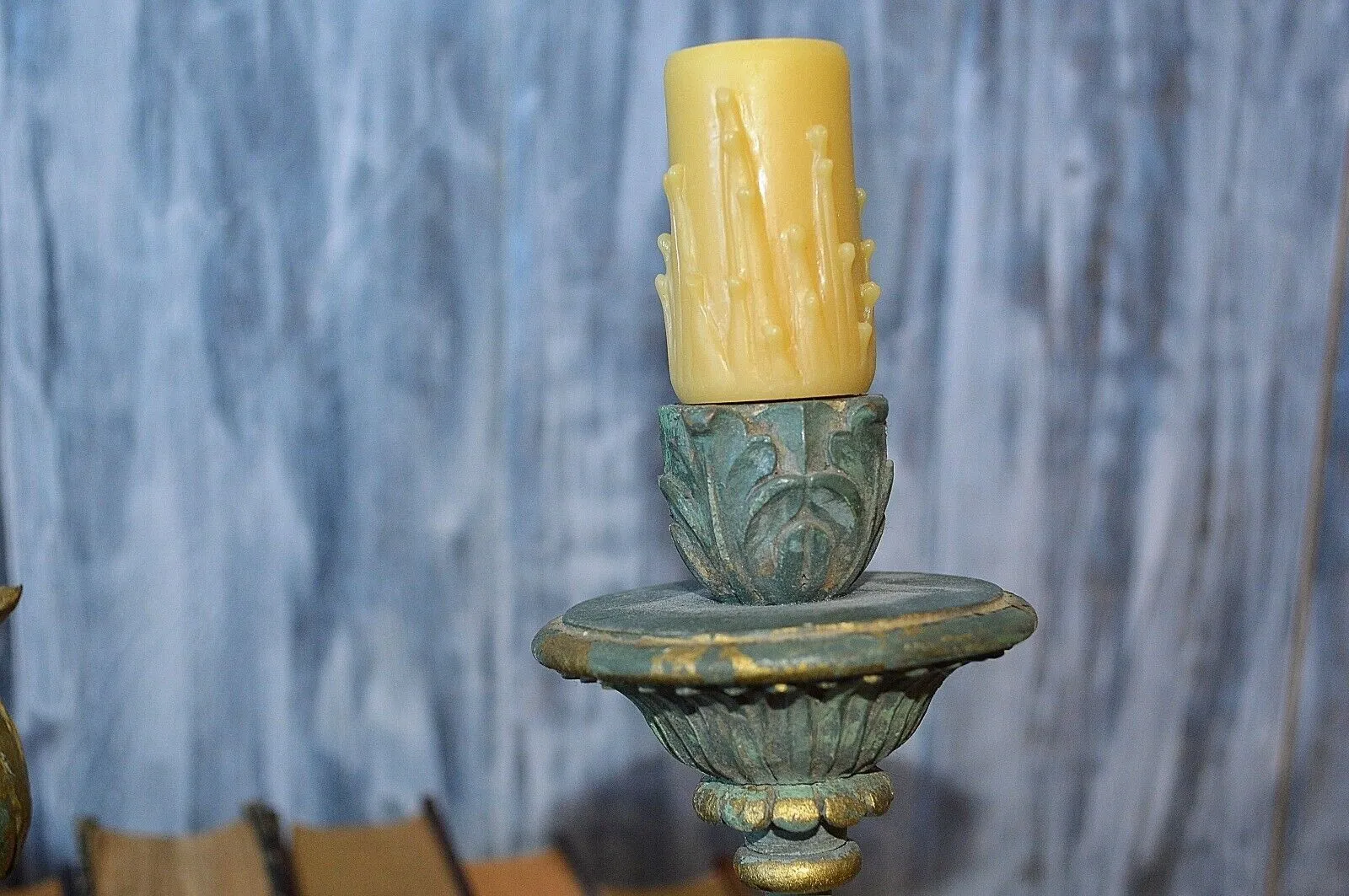 Antique French Empire Flame Gilded Wood Wall Sconce Light Fixture Turquoise