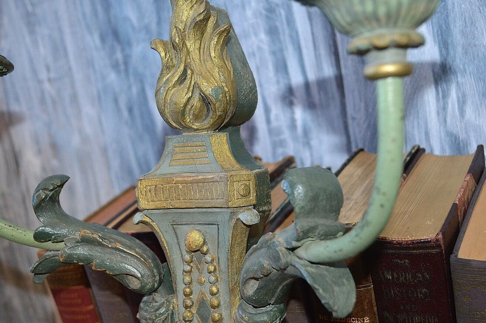 Antique French Empire Flame Gilded Wood Wall Sconce Light Fixture Turquoise