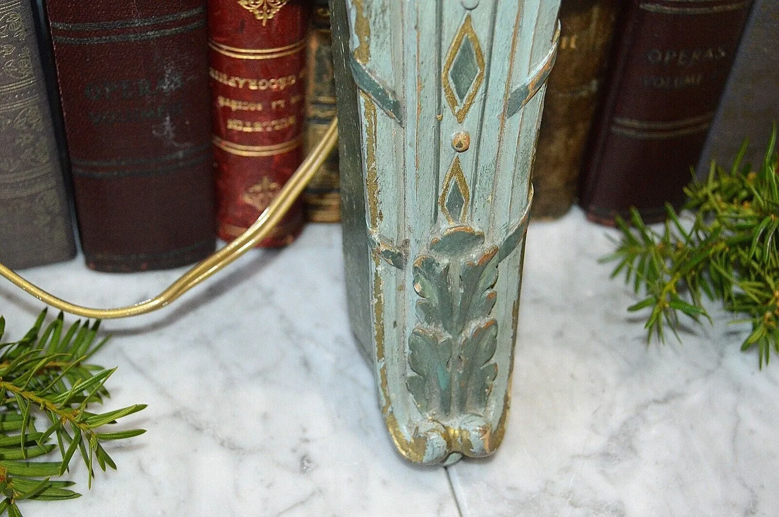 Antique French Empire Flame Gilded Wood Wall Sconce Light Fixture Turquoise