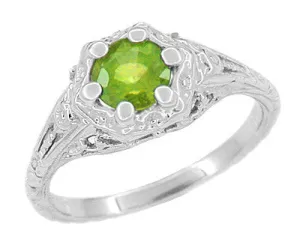 Art Deco Filigree Flowers Sterling Silver Peridot Promise Ring