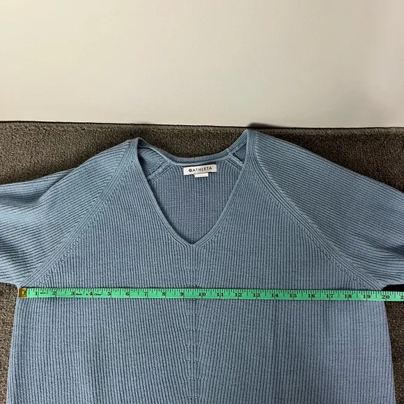 Athleta Hanover Refined Merino Wool V-Neck Sweater Pullover Blue Ribbed Size S