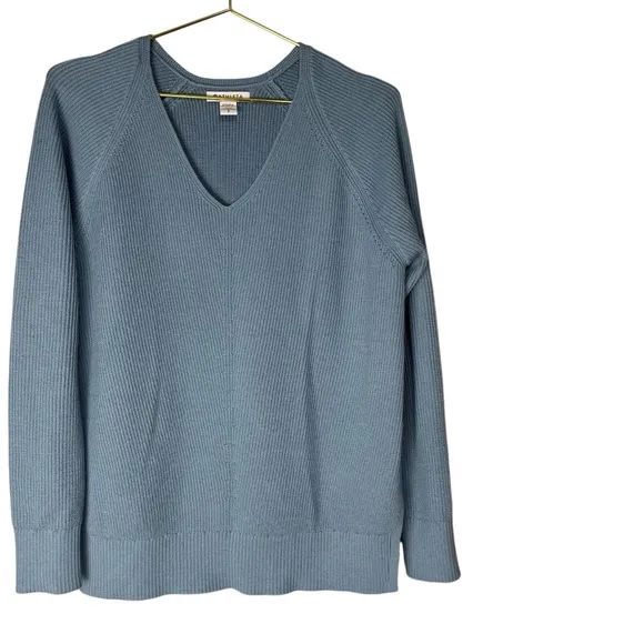 Athleta Hanover Refined Merino Wool V-Neck Sweater Pullover Blue Ribbed Size S