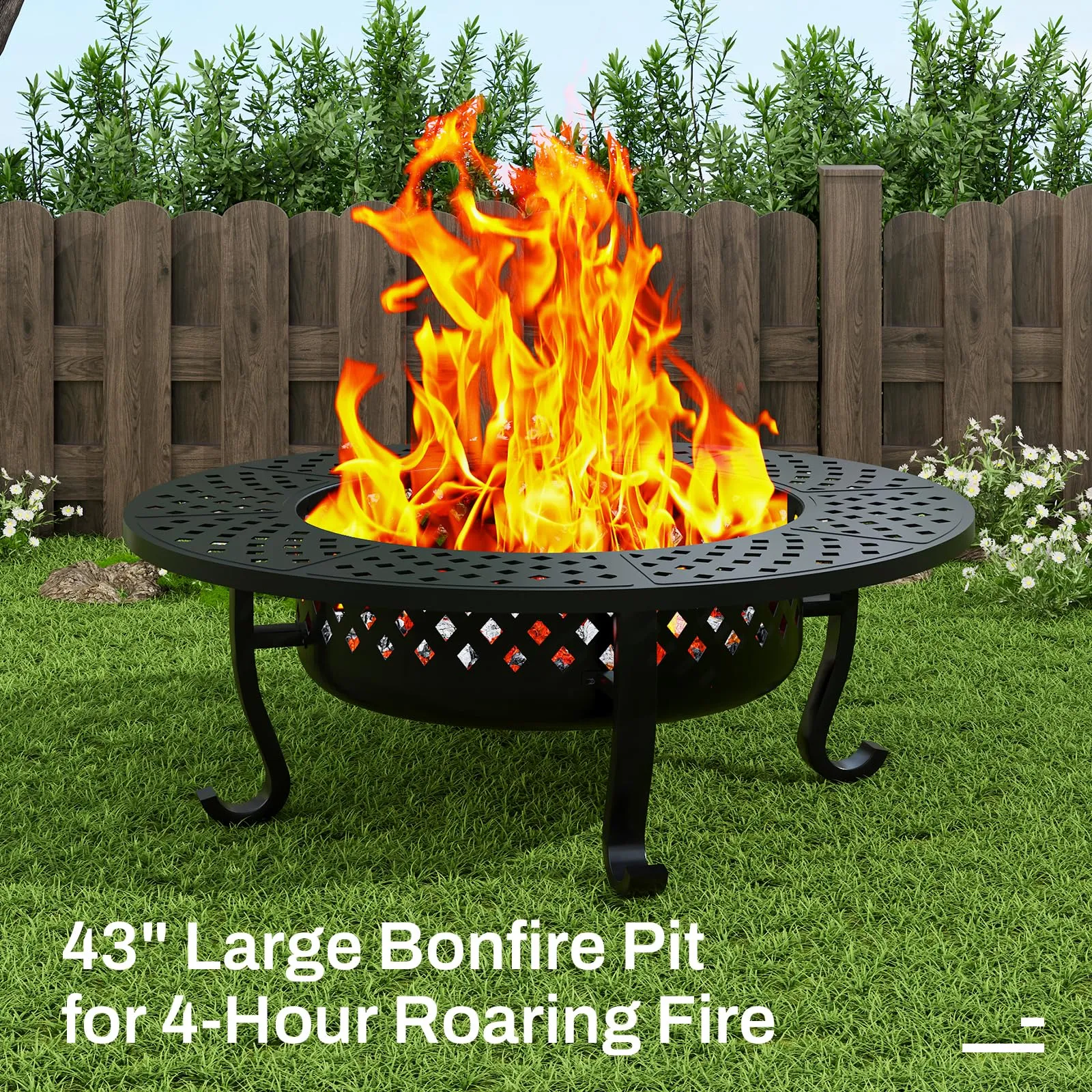Auhilence 43" Outdoor Fire Pit with 2 Grill, Wood Burning Firepit for Outside with Lid & Fire Poker, Round Metal Table for Patio Backyard Bonfire Picnic Camping, Black
