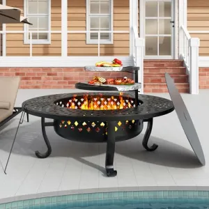 Auhilence 43" Outdoor Fire Pit with 2 Grill, Wood Burning Firepit for Outside with Lid & Fire Poker, Round Metal Table for Patio Backyard Bonfire Picnic Camping, Black