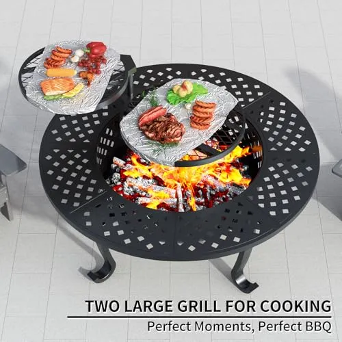 Auhilence 43" Outdoor Fire Pit with 2 Grill, Wood Burning Firepit for Outside with Lid & Fire Poker, Round Metal Table for Patio Backyard Bonfire Picnic Camping, Black