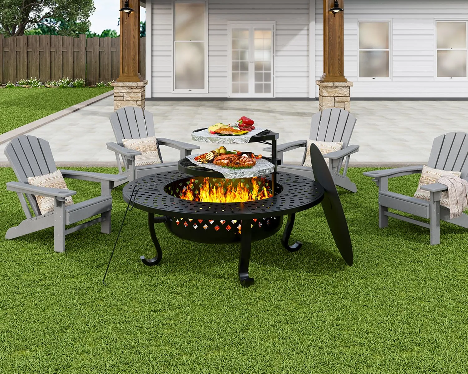 Auhilence 43" Outdoor Fire Pit with 2 Grill, Wood Burning Firepit for Outside with Lid & Fire Poker, Round Metal Table for Patio Backyard Bonfire Picnic Camping, Black
