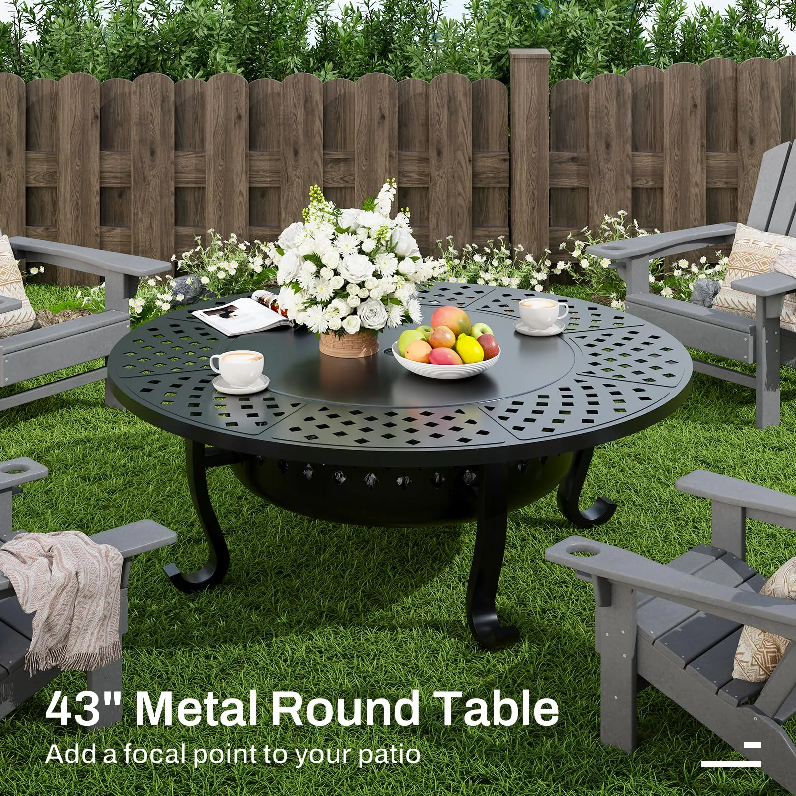 Auhilence 43" Outdoor Fire Pit with 2 Grill, Wood Burning Firepit for Outside with Lid & Fire Poker, Round Metal Table for Patio Backyard Bonfire Picnic Camping, Black