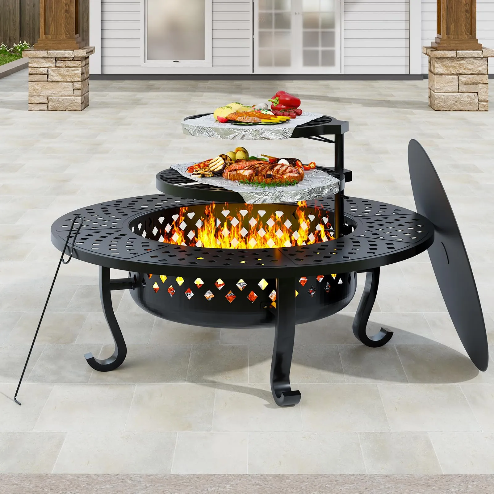 Auhilence 43" Outdoor Fire Pit with 2 Grill, Wood Burning Firepit for Outside with Lid & Fire Poker, Round Metal Table for Patio Backyard Bonfire Picnic Camping, Black