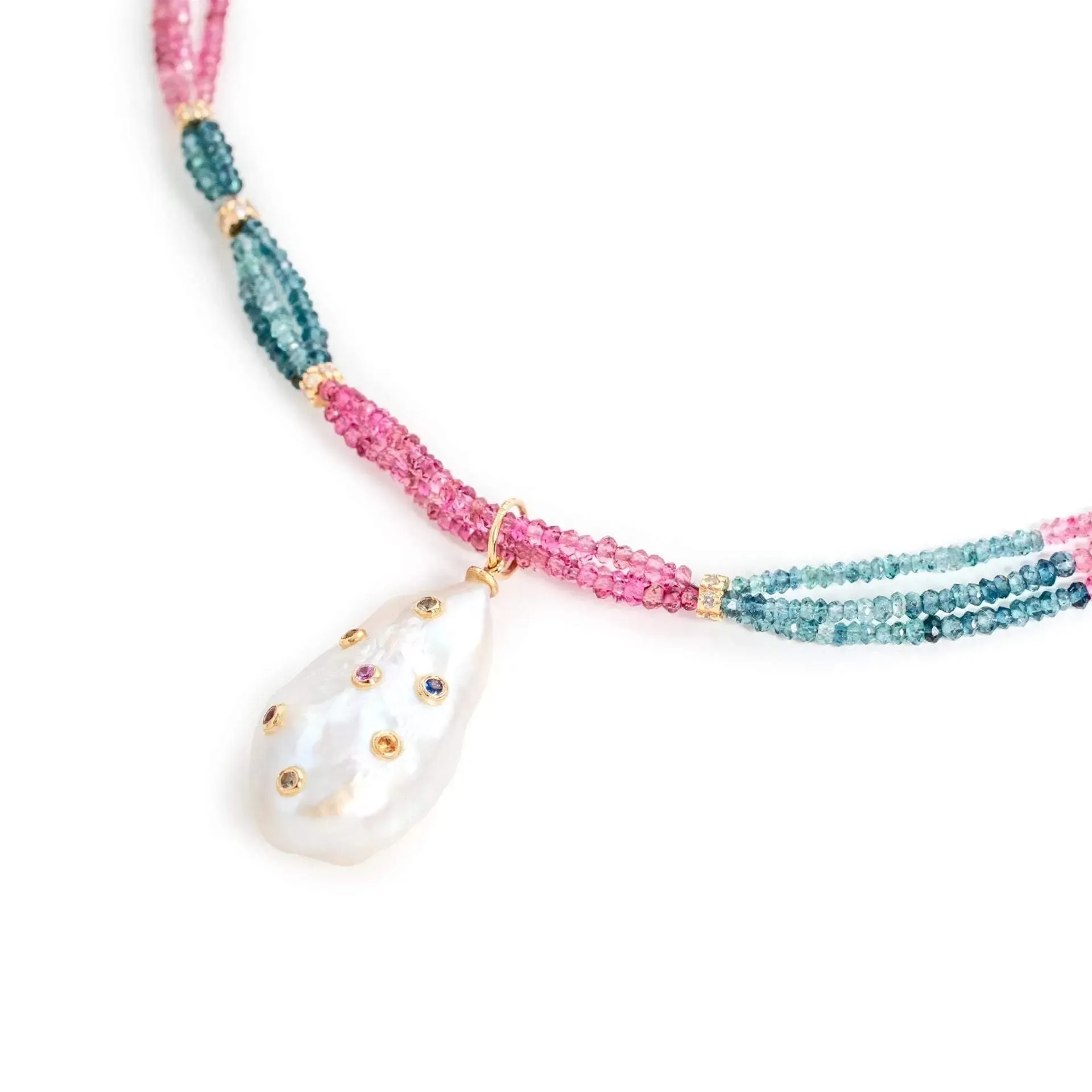 Berry Tourmaline Rainbow Sapphire Pearl Drop Necklace