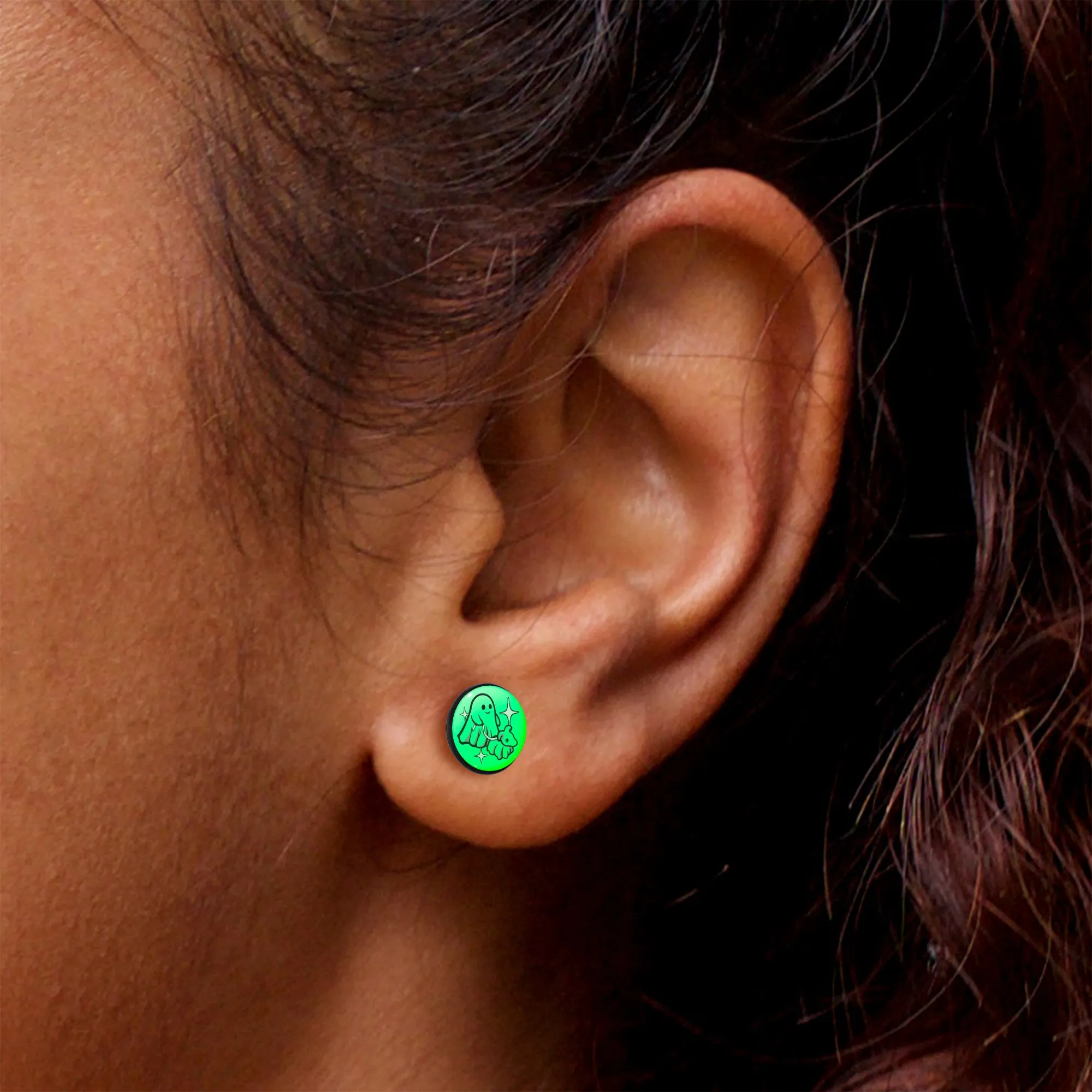 Black Anodized Halloween Ghost Dog Walker Glow in the Dark Stud Earrings