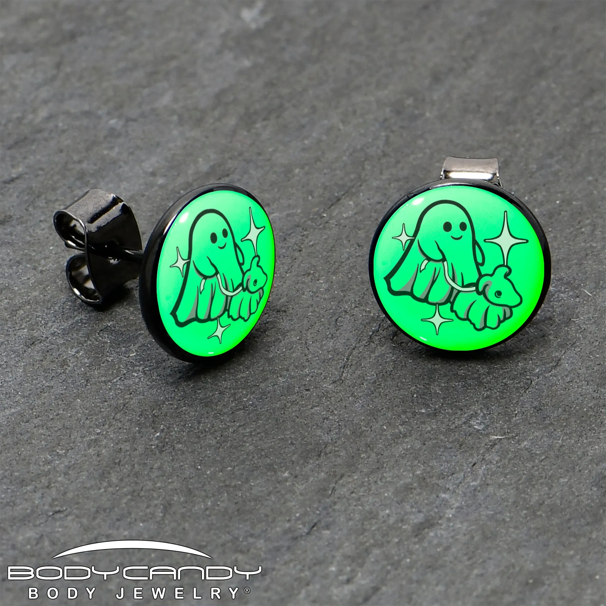 Black Anodized Halloween Ghost Dog Walker Glow in the Dark Stud Earrings