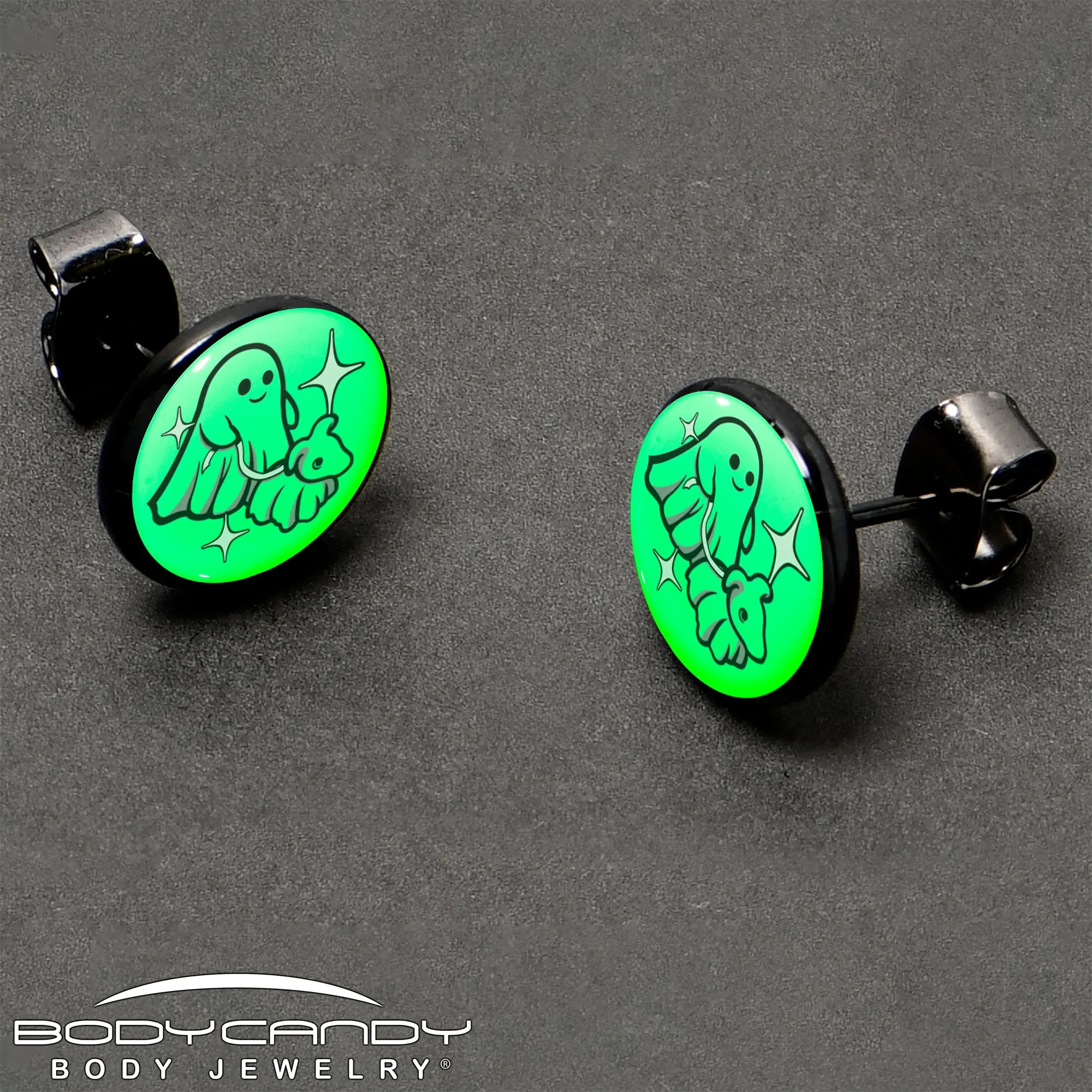 Black Anodized Halloween Ghost Dog Walker Glow in the Dark Stud Earrings