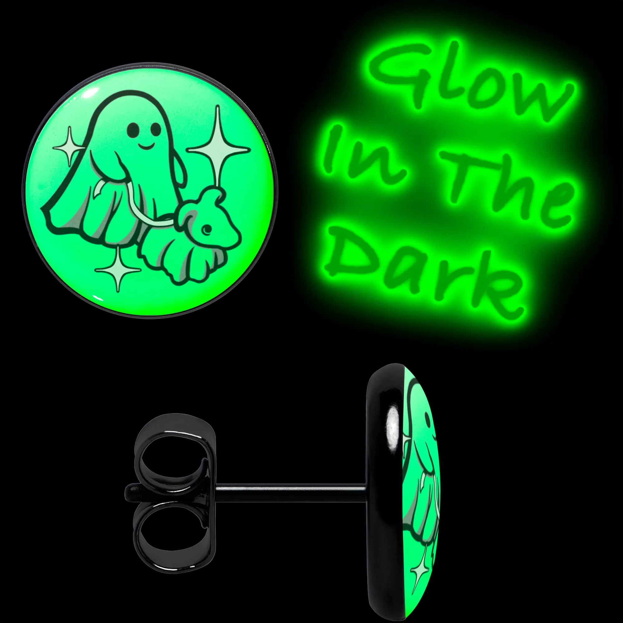 Black Anodized Halloween Ghost Dog Walker Glow in the Dark Stud Earrings