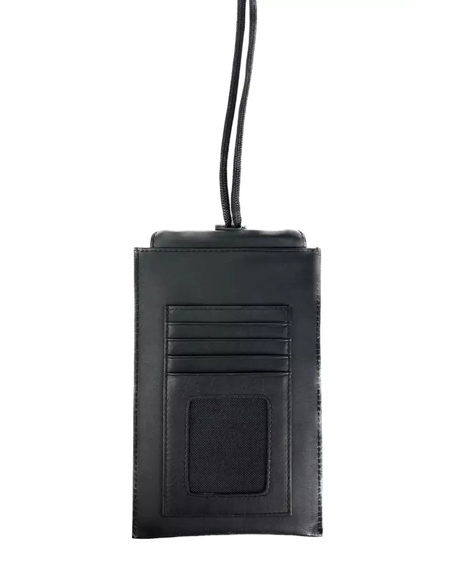 Black Calfskin Leather Cell Phone Holder with Adjustable Cord and Card Holder One Size Men